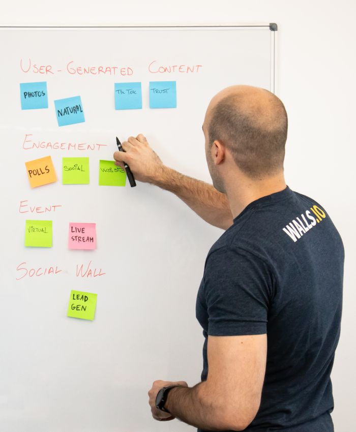 about-us-01 Un homme analyse des stratégies de contenu marketing en s’appuyant sur des notes adhésives posées sur un tableau blanc.